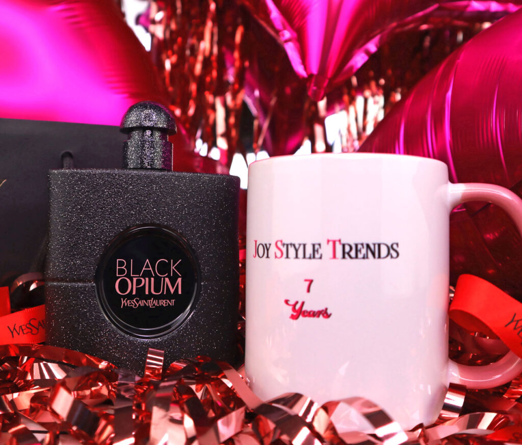 Joy Style Trends 7th Anniversary mug with interior and handle pink and Yves Saint Laurent Black Opium Eau De Parfum Extreme Photo Of Joy Style Trends Media