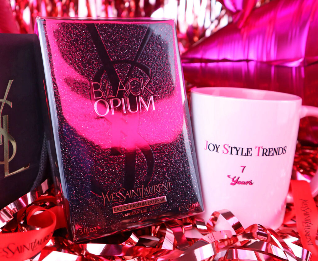 Joy Style Trends 7th Anniversary mug with interior and handle pink and Yves Saint Laurent Black Opium Eau De Parfum Extreme Photo Of Joy Style Trends Media
