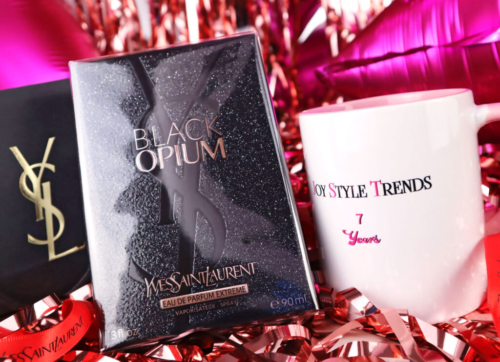 Joy Style Trends 7th Anniversary mug with interior and handle pink and Yves Saint Laurent Black Opium Eau De Parfum Extreme box Photo Of Joy Style Trends Media